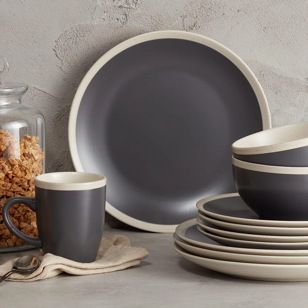 Stone Lain 16 Piece Stoneware Dinnerware 2 Tone Speckles Dark