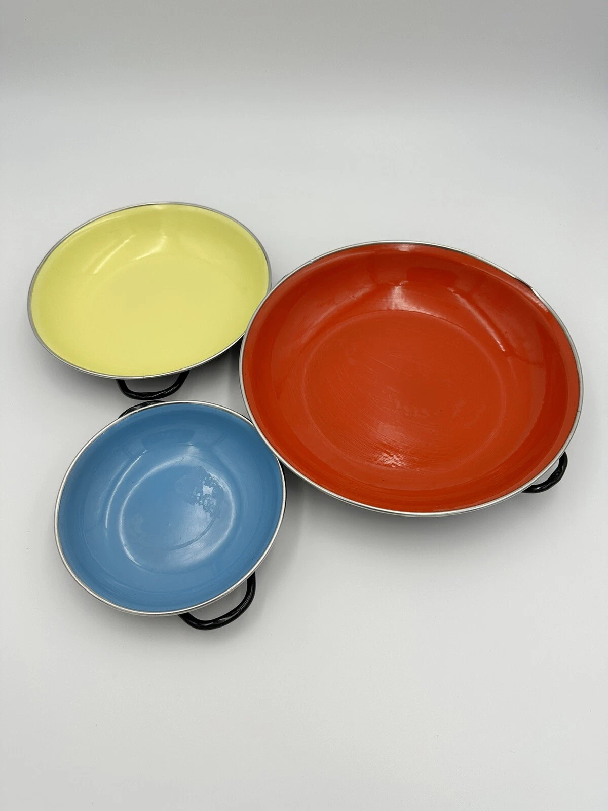 Vintage 3 Piece Enamel Saute Pans Set Emo Celje Yugoslavia Red Yellow Blue