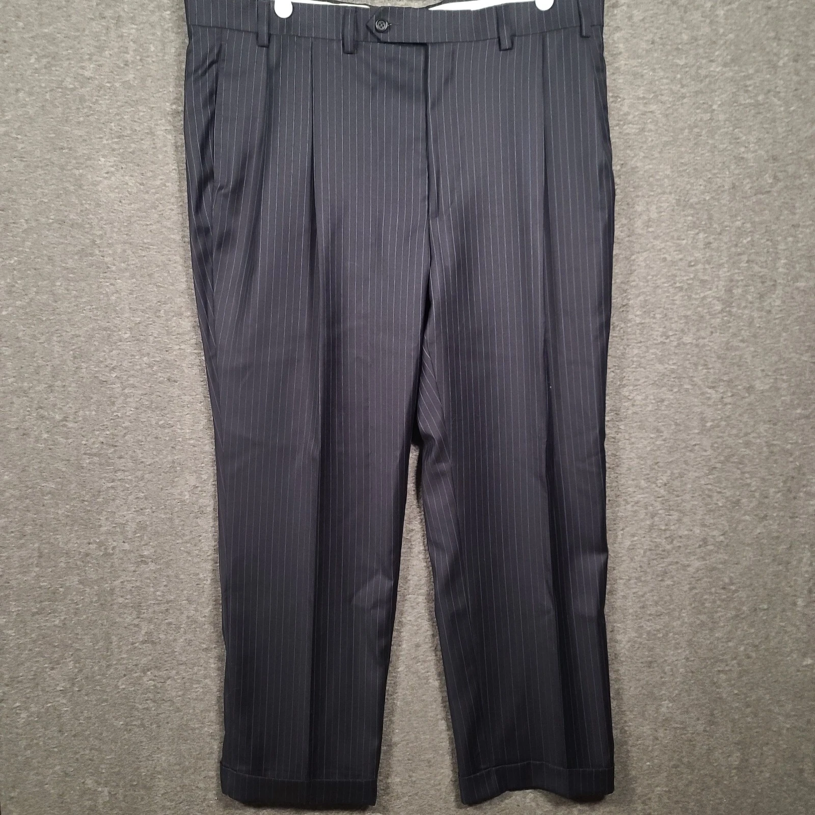 Nautica WOOL Pleated Dress Pants Men's Size 42 x 30 Black Pinstripe Cuffed NEW