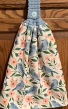 Double hanging kitchen towel blue birds peach flowers crocheted blue top