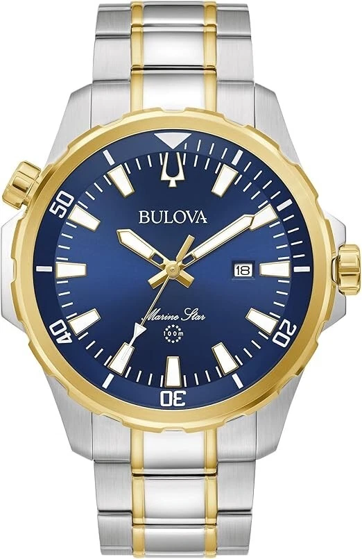 Bulova Marine Star Men's Quartz Blue Dial Calendar Two Tone Watch 43mm 98B384