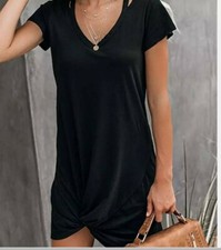Berryou Women Short Sleeve Loose Black Dress V Neck Front Size Small