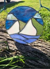 HANDMADE Stained Glass Mountain Scene Snowy Nature Clouds Suncatcher Decor