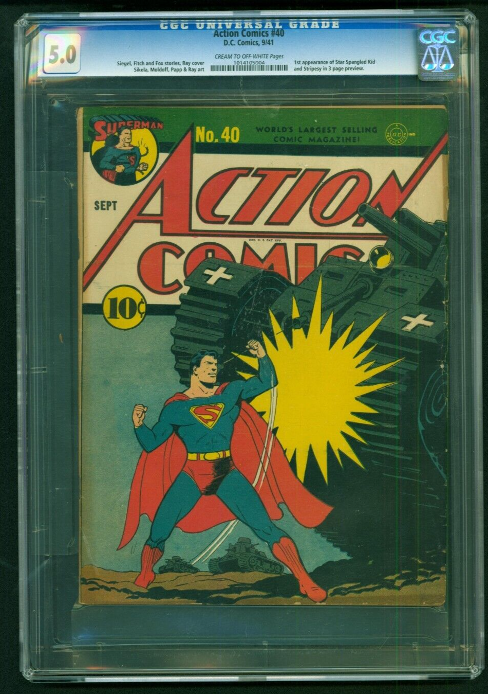 1941 Action Comics 40 CGC 5.0  1st App Star Spangled Kid Nazi Tank WWII Cover