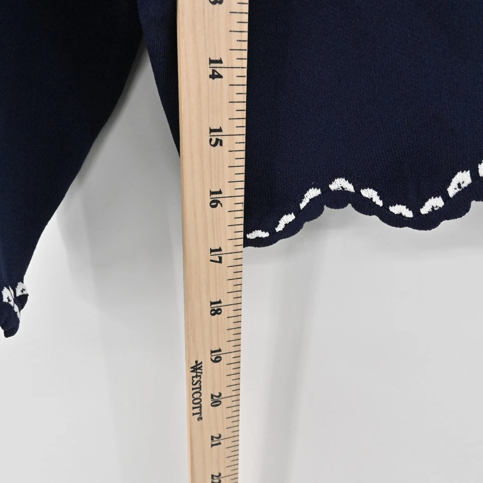 Cárdigan suéter Shoshanna para mujer talla S azul marino blanco ribete festoneado tejido corto Foto 4 de 4