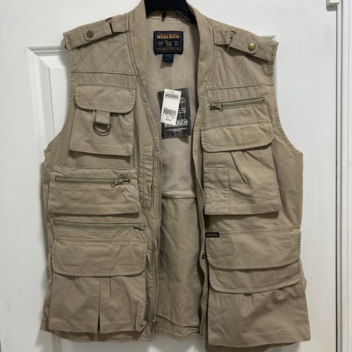 Woolrich John Rich Vest Size Men Medium Khaki Tan Safari Fishing Travel Utility