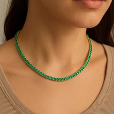 18ct Lab Created Round Cut 4mm Emerald 14K Yellow Gold Plated Tennis Necklace
