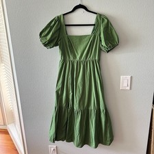 Astr The Label Green Square Neck Smocked Puffed Sleeve Midi Dress SMALL Cotton