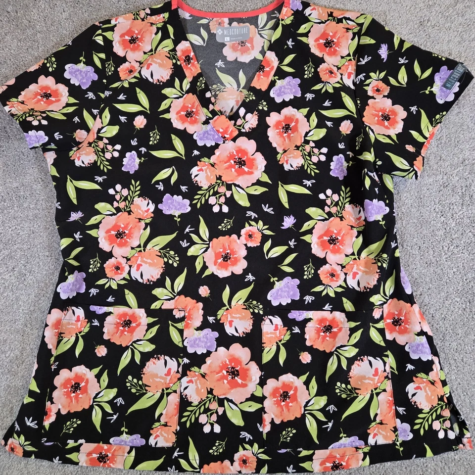 Blusa esfoliante feminina Med Couture floral tamanho grande preta rosa laranja com bolsos - Imagem 2 de 4