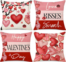 Valentine's Day Pillow Covers 18x18 Set of 4 Red Hearts Striped Happy Valentines