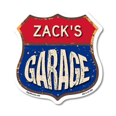 Zack's Garage Shield Shaped Sign Weather Resistant Crafted in the USA