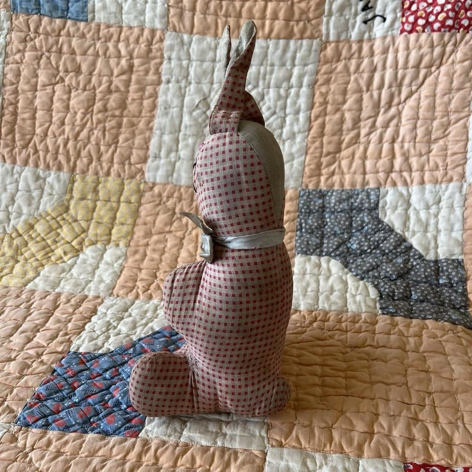 Lot Of Two Antique Handmade Stuffed Animals | 1930s 1940s Feedsack Bunny & Puppy - Image 4 of 4