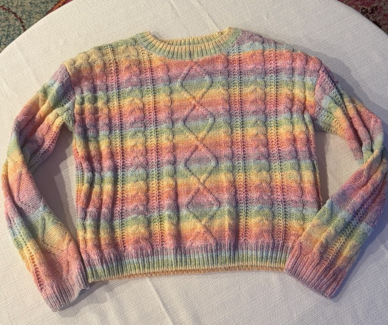 Pink Rose Girls Rainbow Cable Knit Sweater Size Large 14 Pastel Cozy Pullover
