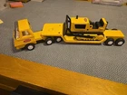 Vintage Yellow Mini Tonka Low Boy Semi With Bulldozer 1970’s Good Condition 11”.