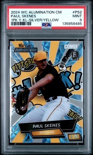 8485 Paul Skenes 2024 Wild Card Alumination Comix Silver Yellow RC /30 PSA 9