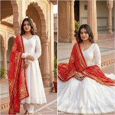 White Anarkali and pant with red Bandhani dupatta set for women festive wear