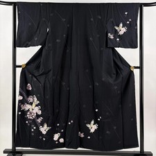 Silk Kimono Butterfly Flower S Black Used 154cm Length 63cm Sleeve
