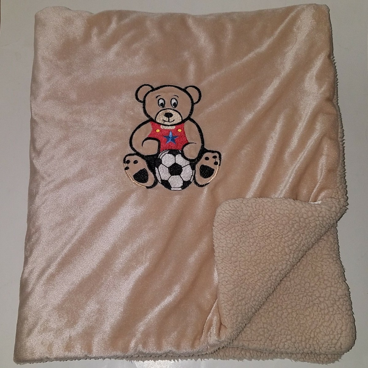 RN 130937 Teddy Bear Soccer Ball Brown Fleece Baby Blanket