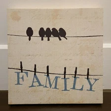 "Family" with Birds Perched on Wire Stretched Canvas, 11.5" x 11.5"