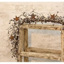 NEW Farmhouse Pip Berry Garland w/ Rusty 2" Stars MIX 40" Gray White Cream