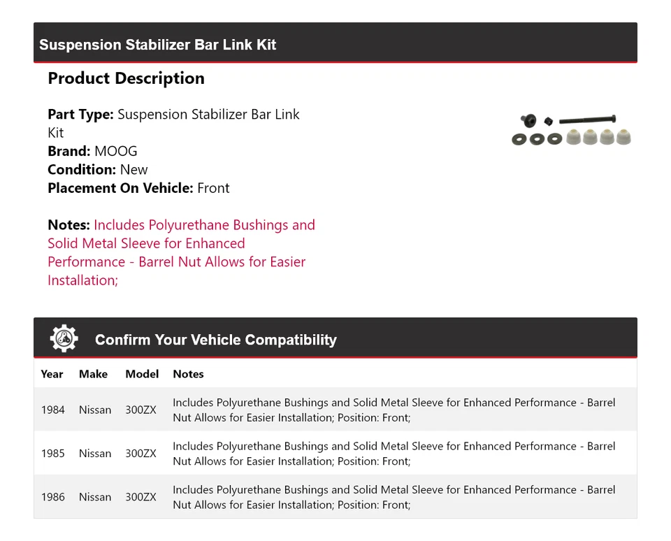 Комплект передних звеньев стабилизатора подвески для Nissan 300ZX 1984-1986 годов выпуска MOOG 1984 - Изображение 2 из 4