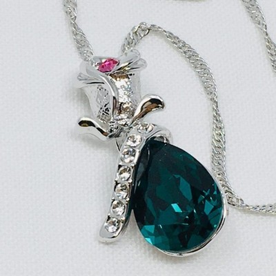 Rose Flower Pendant Necklace Diamanté Green Adorned With Austrian Crystals