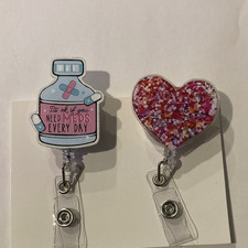 2 Pack Retractable ID Badge Holders Pill Bottle  Heart Design Multicolor