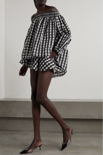 ALAIA Gingham Top, Size US 4 AU/UK 8, Archetypes Off-Shoulder Black Maxi Vichy - Picture 5 of 24