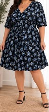 Image of Yours Curve Blue Floral Print Dress BNWT Size 30/32 Button Through Shirred Waist