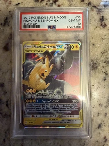 2019 Pokémon TCG Pikachu Zekrom-GX Team Up Card 33/181 Psa 10 gem in English.