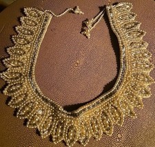 Vintage Faux Pearl Glass Beaded Satin Collar Necklace Hook Clasp 1940s