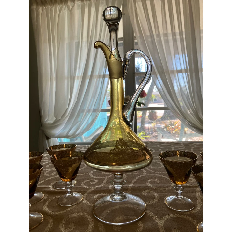Juego de jarra italiana de jerez de vidrio soplado de Murano ámbar con superposición de oro pesado Foto 2 de 4