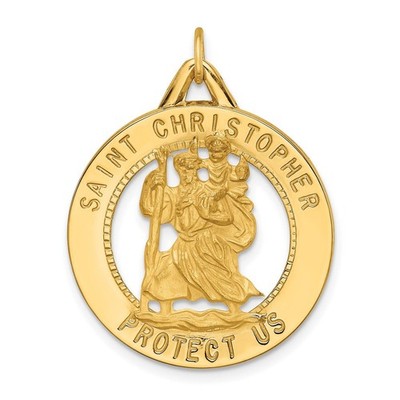 14K Yellow Gold Solid Polished/Satin Round Cut-out St. Christopher Medal Pendant