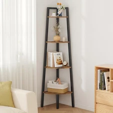 Corner Shelf, 4-Tier Corner Bookshelf, Rustic Ladder Shelf, Industrial Displa...