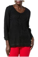 Antthony Women's V-Neck Pullover Floral Burnout Sweater w/ Trim Black