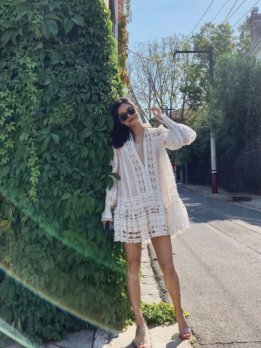 emma lace dress Emma Square Neck Lace Puff Sleeves Dress