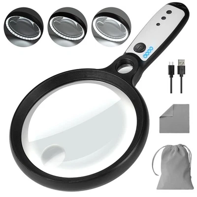 GABORISH Large Magnifying Glass with 37 LED Light, 10X 20X 45X Handheld Illuminated Li...