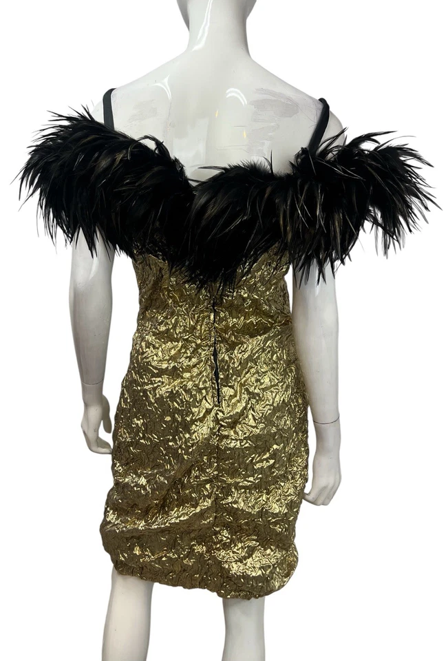 Vestido de Fiesta Vintage Años 80 90 Dave & Johnny 7-8 Dorado Metálico Plumas de Avestruz S/M Foto 3 de 4