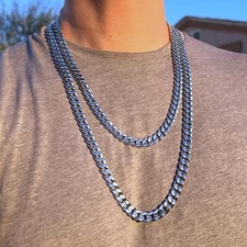 Men's Cuban Curb Link Two Chains Shiny Silver Tone Hip Hop Necklaces 24" and 30"