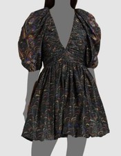 $795 Ulla Johnson Women's Black Abstract Print Puff Sleeve A-Line Dress Size 6