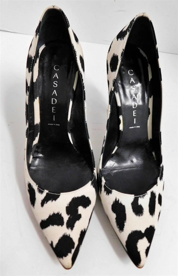 Zapatos de tacón alto Casadei negro blanco estampado animal lona Italia 6 M Foto 3 de 4