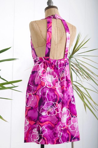 1960's Hawaiian Halter Pink + Purple flower Dress vintage hibiscus mod shift tro - Picture 6 of 7