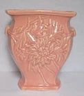 McCoy Pottery Chrysanthemum 7" Vase Art Deco Handles 1950s Salmon/coral Planter
