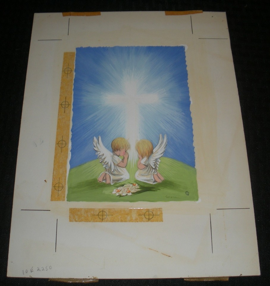 CHRISTMAS Angel Children Kids w/ Glowing Cross 9x12  Greeting Card Art #2250 Comic Art