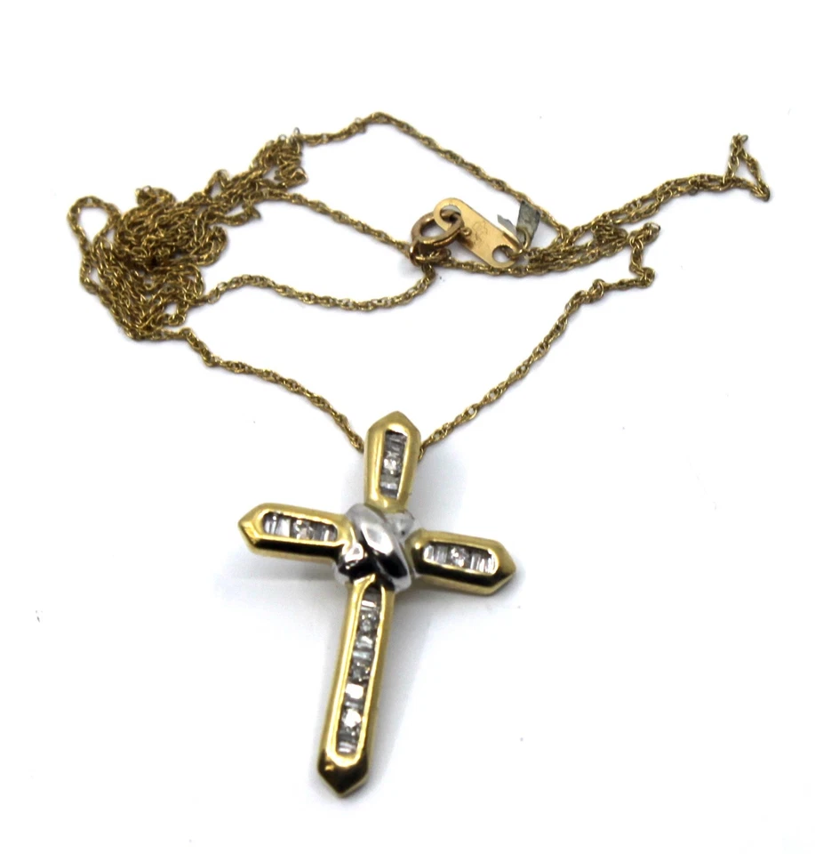 Collar Colgante Cruz Diamante Baguette Oro Amarillo Sólido 10k 18" pulgadas Largo Foto 2 de 4