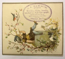 JEWELERS TRADE CARD 1880s WATCHES CLOCKS FANCY GOODS JA RAWSON AMHERST MA B72