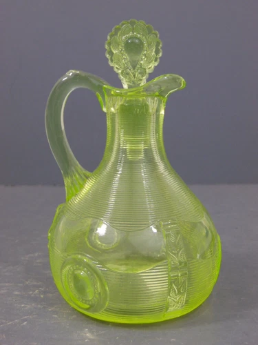 ANTIQUE VASELINE URANIUM GLASS DEWEY GREENTOWN INDIANA TUMBLER & GOBLET CRUET