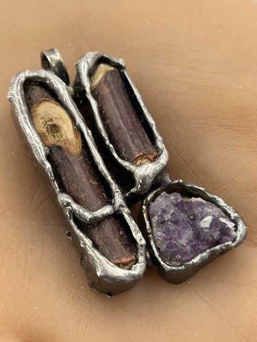 Vtg Handmade Sterling Silver Brutalist Raw Amethyst Wood Sticks Pendant FZB