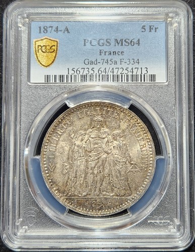 Toned Silver 1874-A France 5 Francs | PCGS MS64 - Picture 3 of 3