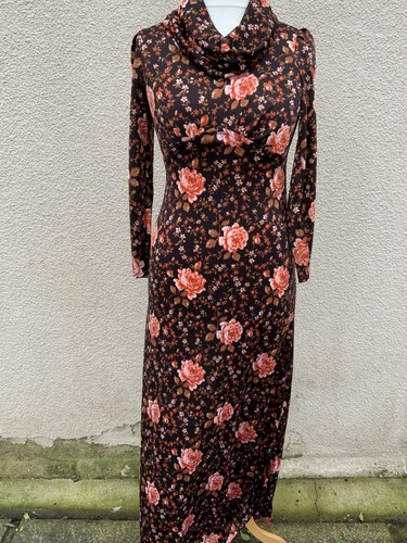 VINTAGE 70’s BANLON MAXI DRESS COWL NECK FLORAL PRINT S 8 10 Slinky Jersey - Picture 2 of 6